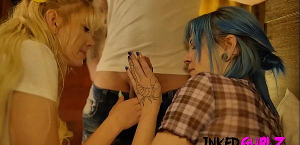 trendsInked Gurlz - 2 Inked Lezzie Ass Fucked by a Guy